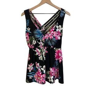 Kona Sol Black & Pink Floral Tankini Top Criss Cross Back Lightly Padded Sz 18W